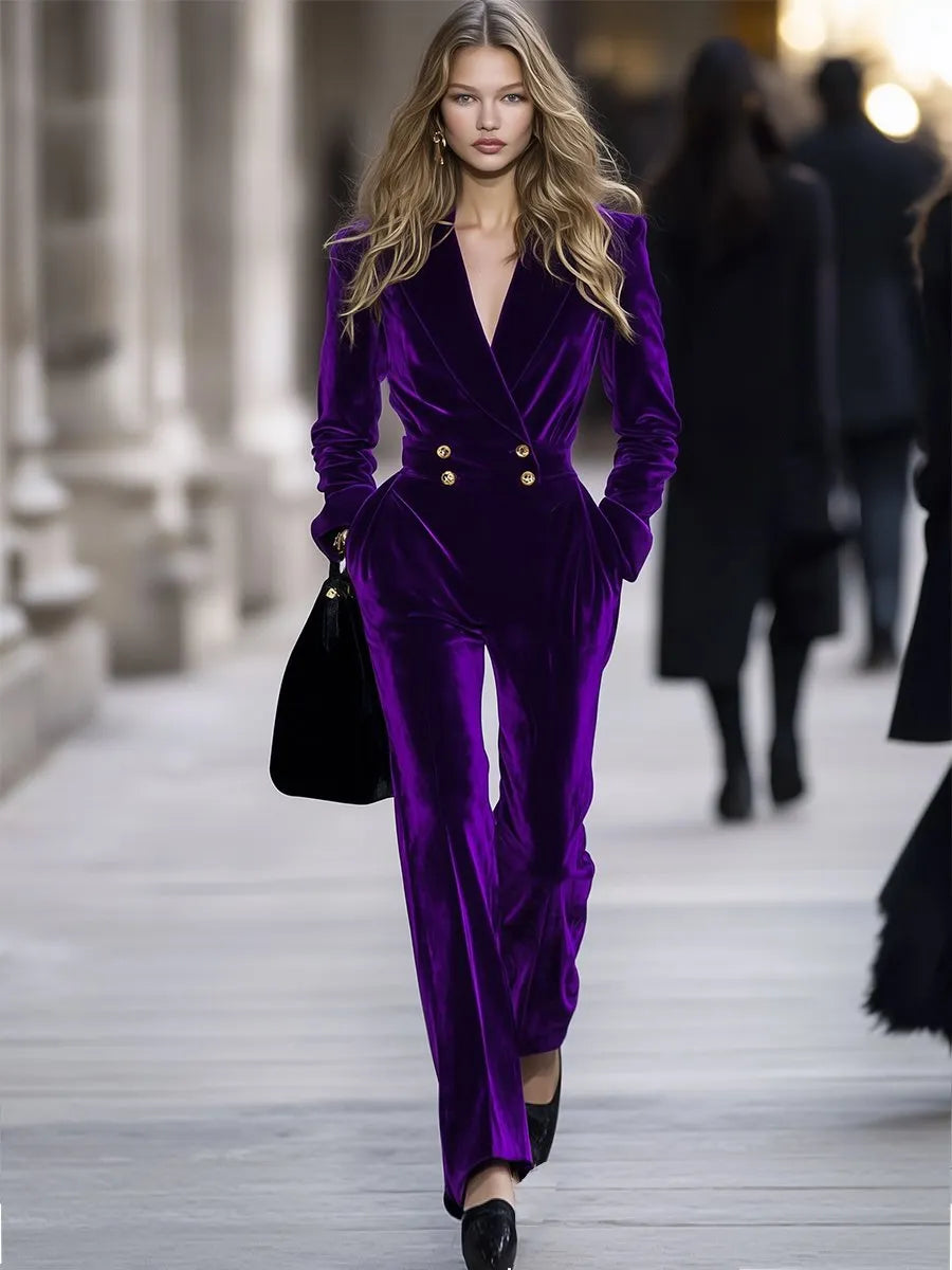 [24-hour shipping out]High-End Temperament Loose Retro Purple Velvet Jumpsuit