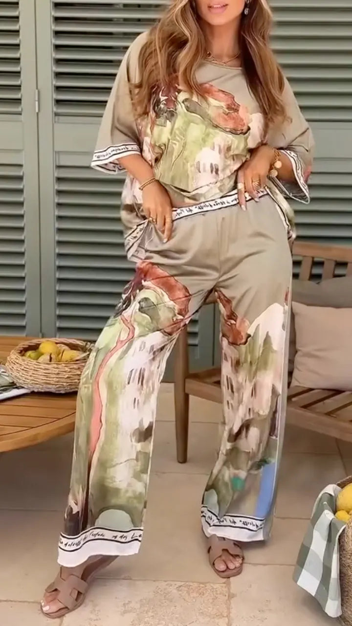 Abstract Oil Painting Printed Short Sleeve Top Wide Leg Pants Set