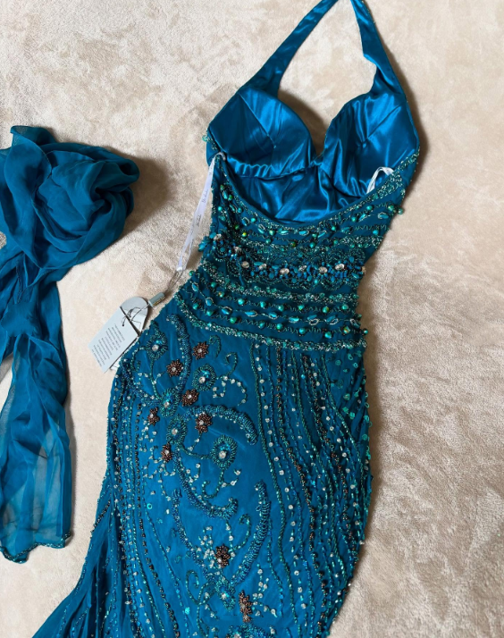 Blue delicate beaded chiffon long dress