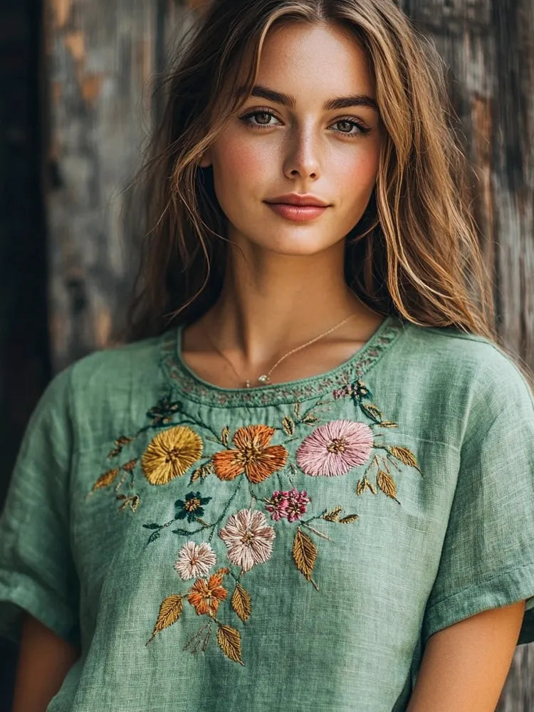 Boho Ethnic Floral Embroidery Women's Linen T-shirt
