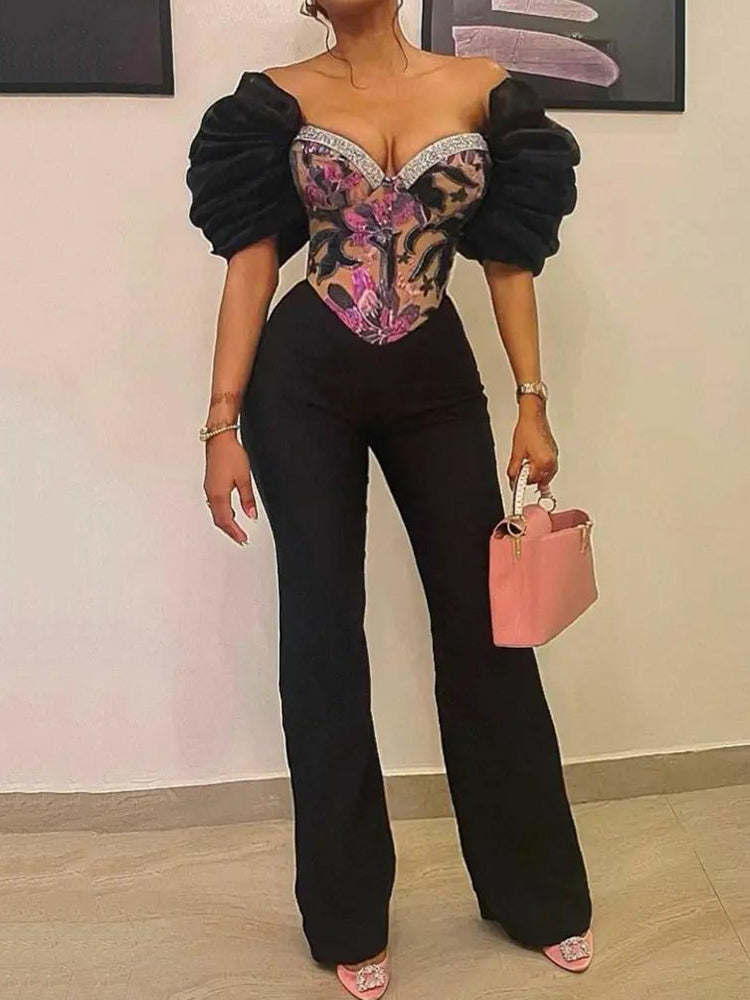 Stylish V-Neck Floral Printed Ruffled Split-Joint Straight Leg Jumpsuits