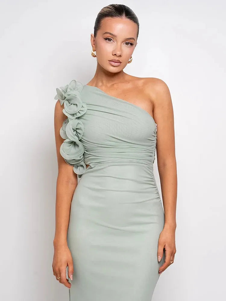 Delphina One Shoulder Ruched Maxi Dress with Floral Appliqué – Black or Green Wedding Guest Outfit