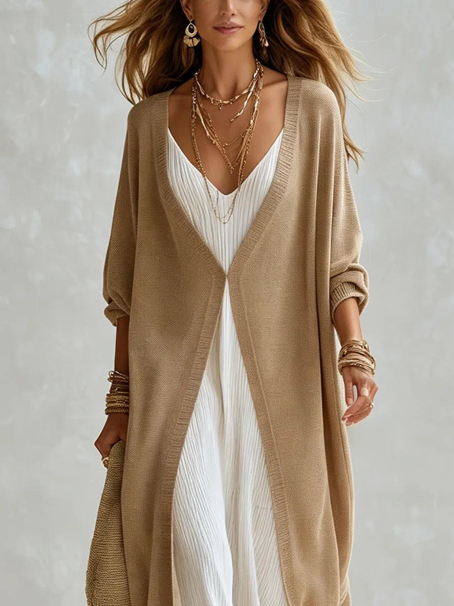 Bohemian Camel Knit Cardigan Camisole Dress Set