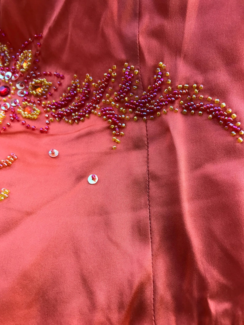 Y2K Vintage Silk Maxi Dress: Fairycore Style Beaded Floral Print Party Dress