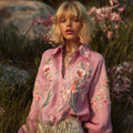 Boho Butterfly Orchid Floral Embroidery Women's Linen Shirt