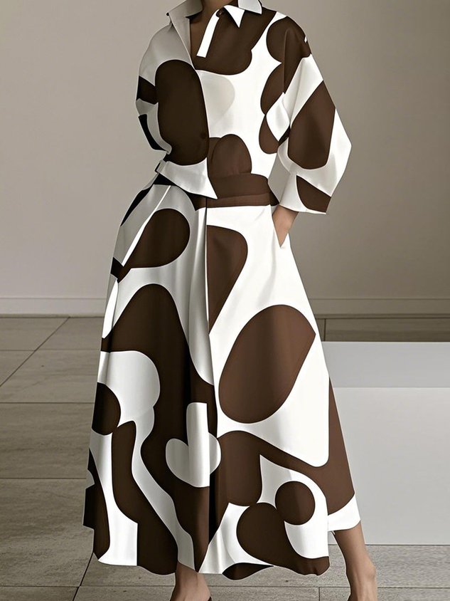 Urban Color Block Printing Shirt Collar Midi Dress With Belt