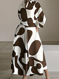 Urban Color Block Printing Shirt Collar Midi Dress With Belt