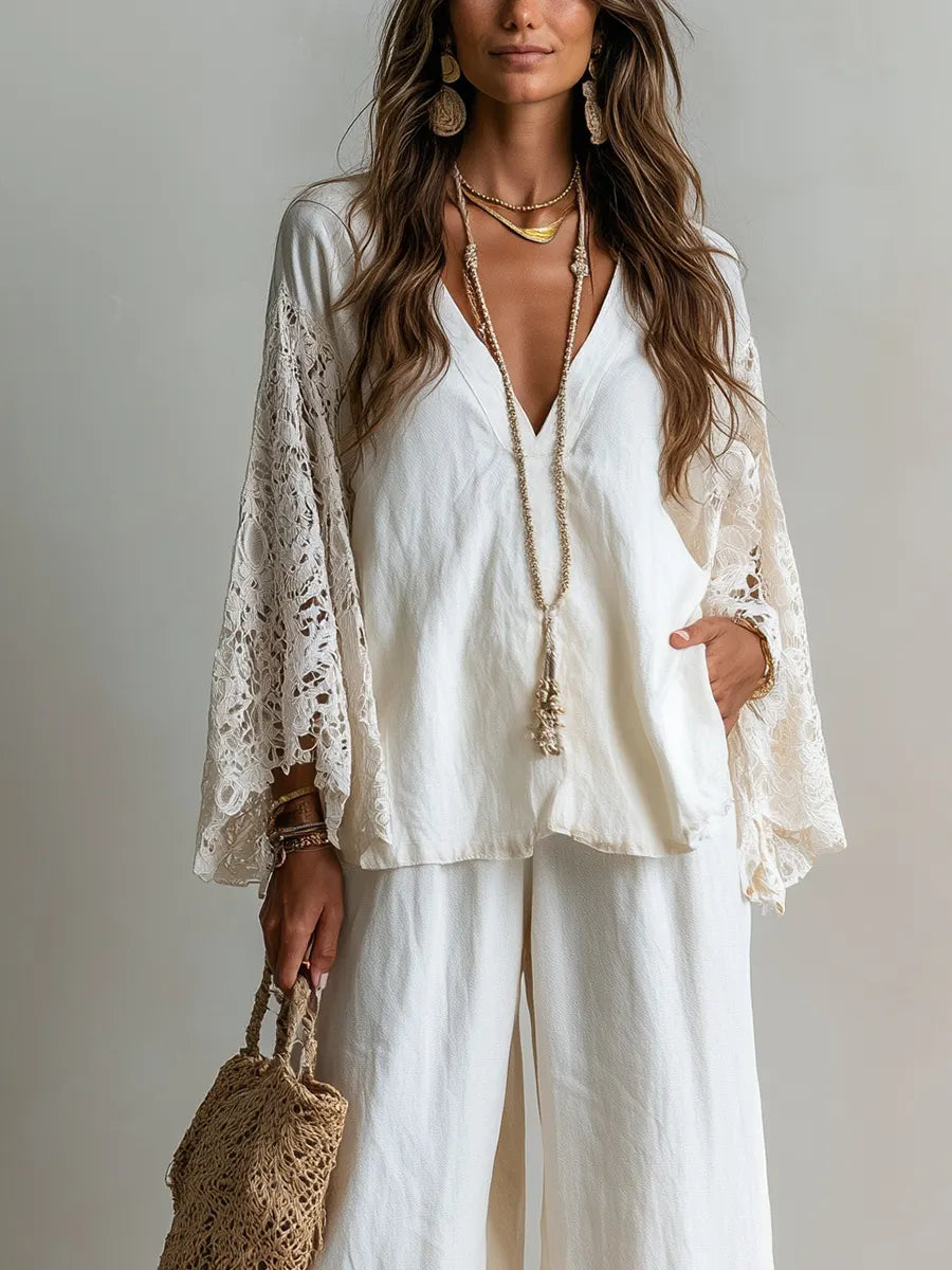 Bohemian White Lace Sleeved Linen Top And Trousers Suit