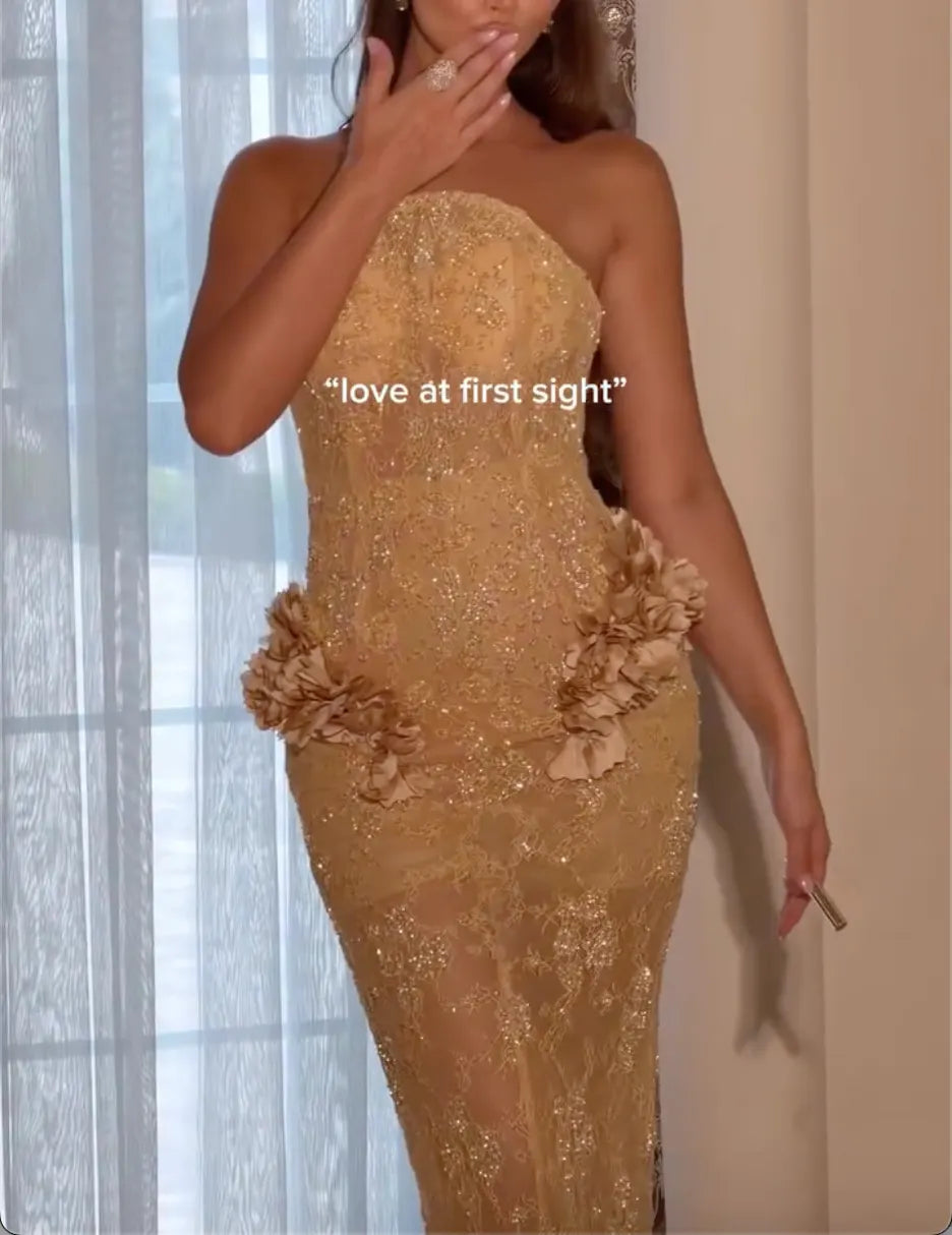Strapless Sheer Lace Beaded Mermaid Evening Gown, Champagne 3D Floral Appliqué Bodycon Formal Maxi Dress