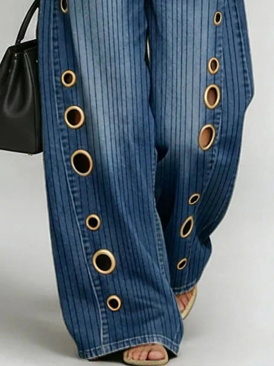 Women's Retro Stripe Print Casual Fashion Cutout Jeans
