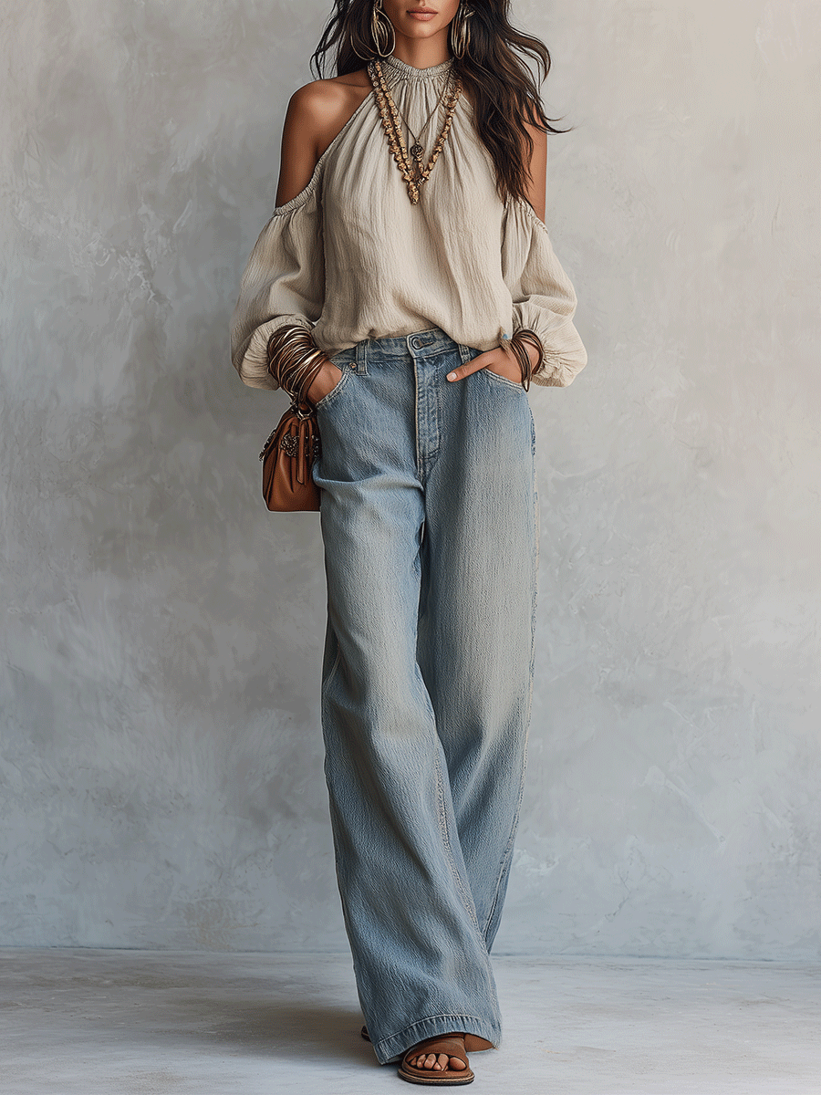 Bohemian Cold-Shoulder Resort Linen Blouse