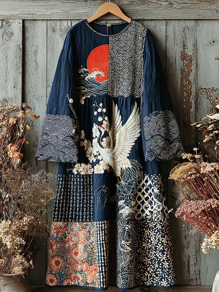 Women's Retro Japanese Crane And Sunset Art Linen Blend Round Neck Dress