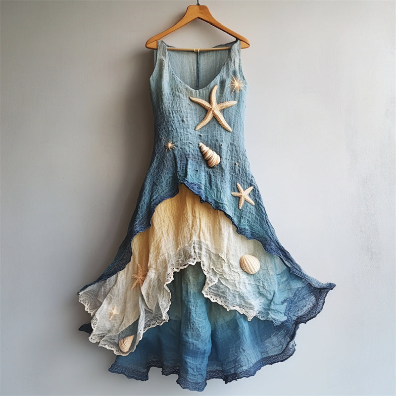 Starfish & Sea Shells Embroidered Sea Waves Layered Flowy Linen Dress
