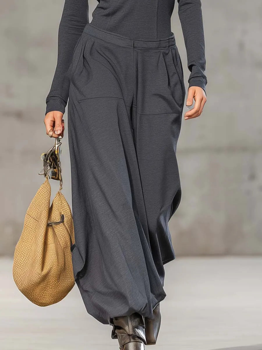 Casual Retro Sports Dark Gray Half-high Collar Front Zipper Long-sleeved Top And Wide Pants Set
