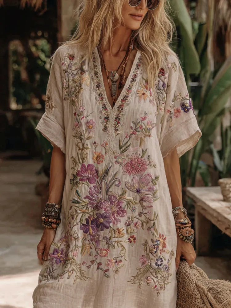 Women's Floral Embroidery Art V Neck Comfy Midi Dress