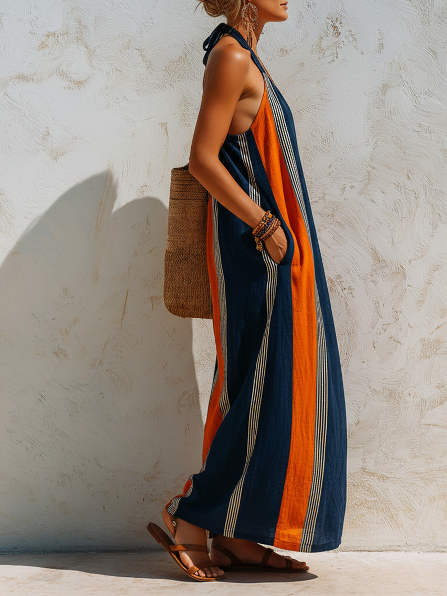 Color-blocked Vertical Stripe Halter Neck Loose Swing Dress
