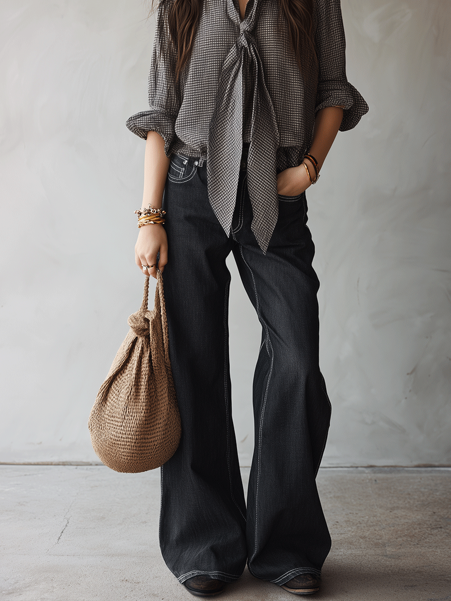 Effortless Chic Chiffon Micro-Check Tie-Front Black & White Blouse