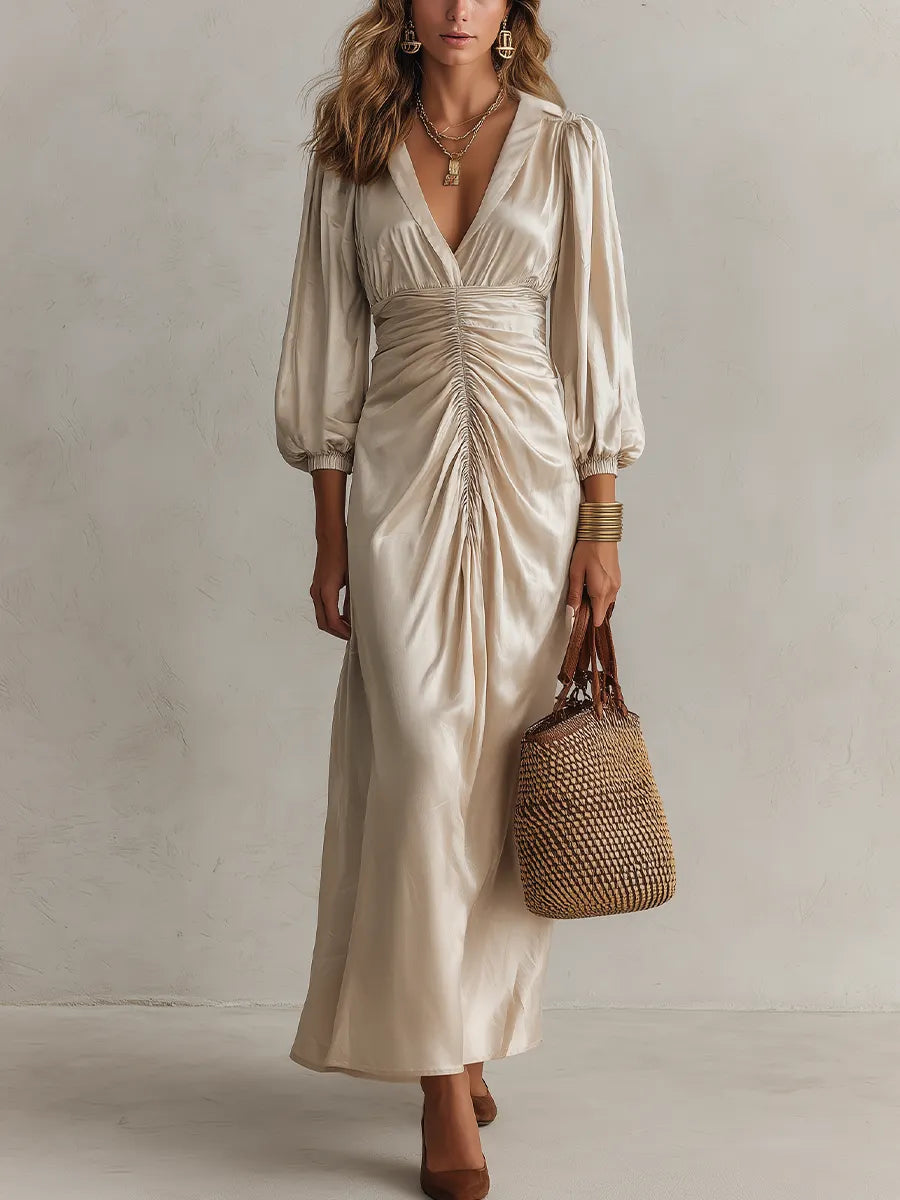 Refined Champagne Ruched Maxi Dress