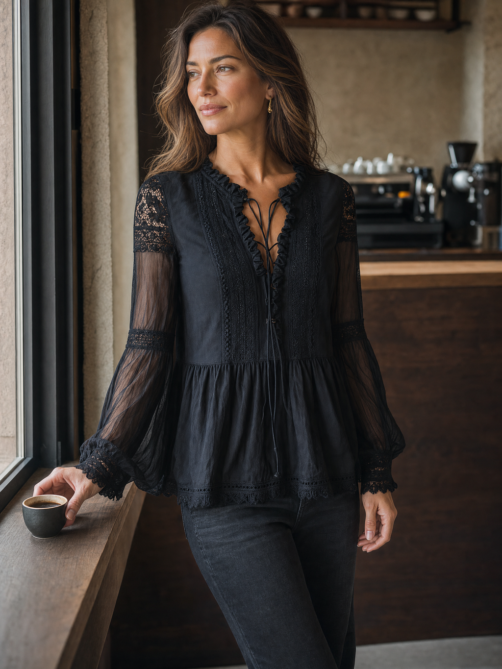 Elegant Black Lace Trim Blouse