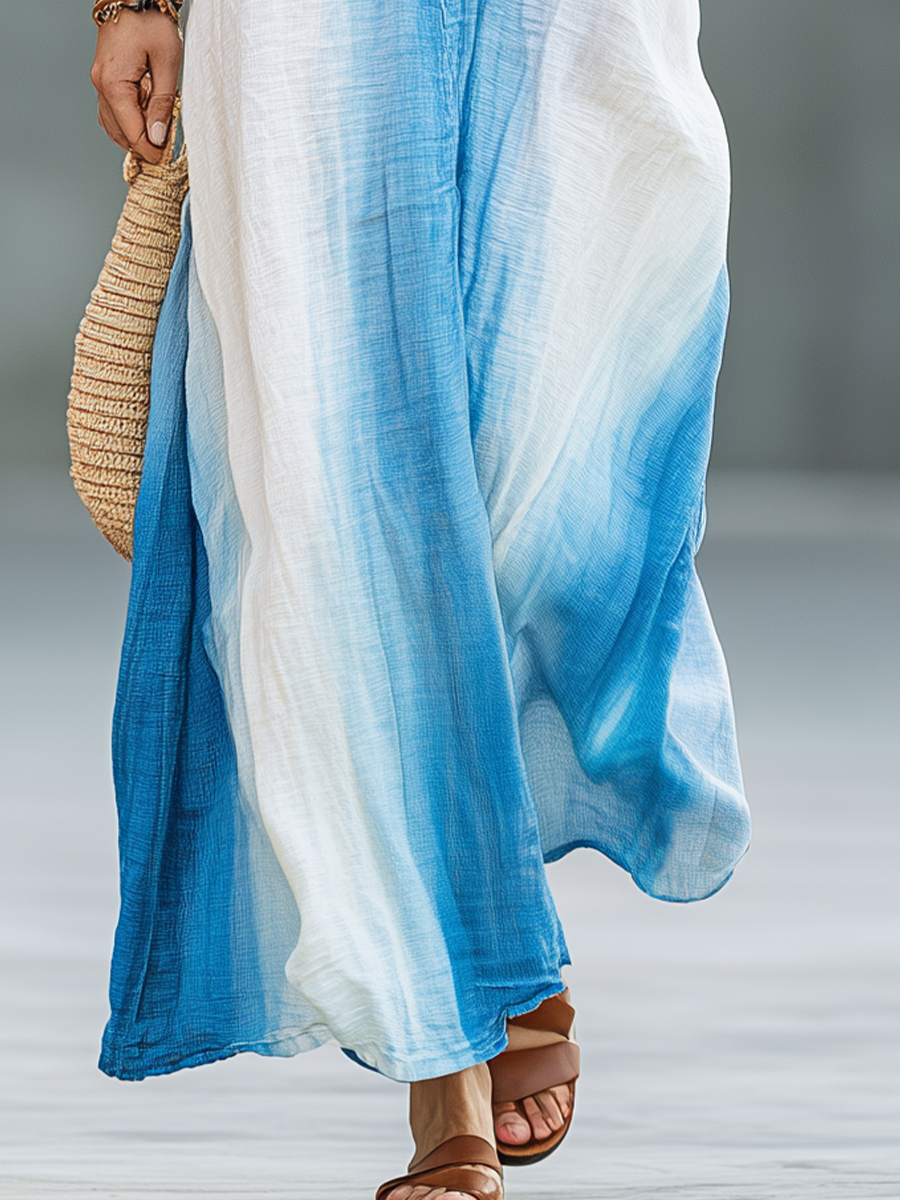 Elegant Blue Gradient Button-Down Shirt Dress