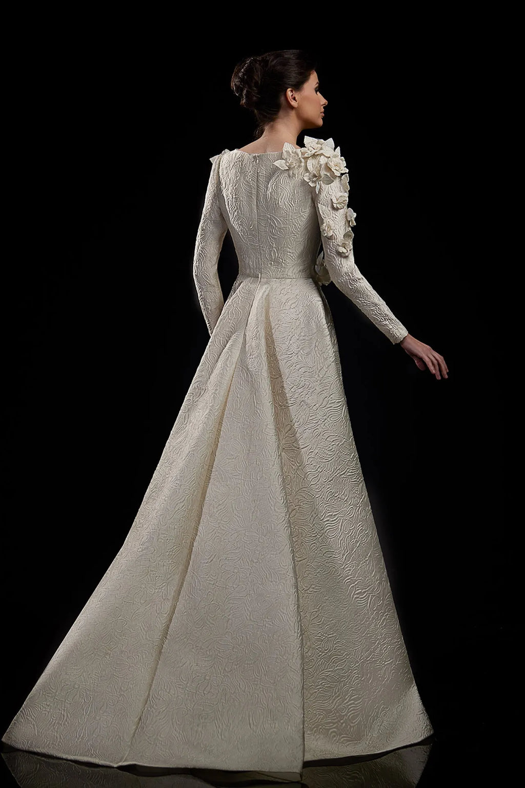Long sleeves brocade wedding dress with flowers