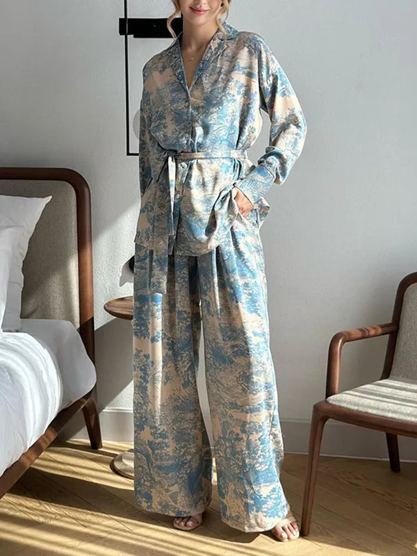 Buttoned Printed Tied Waist High Waisted Long Sleeves Notched Collar Two Pieces Set Pants Set