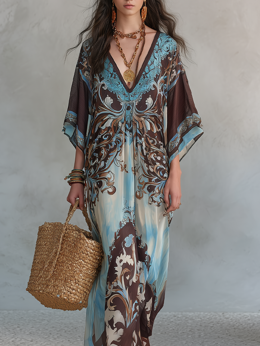 Boho Paisley Batwing Sleeve Beach Cover-Up Maxi Dress