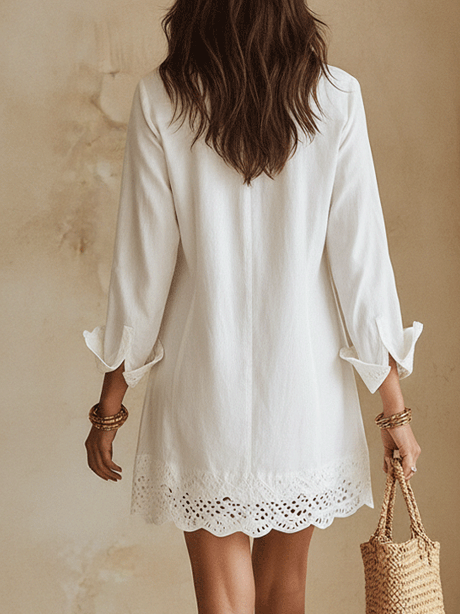 Bohemian Eyelet Hem Resort White Shirt Mini Dress
