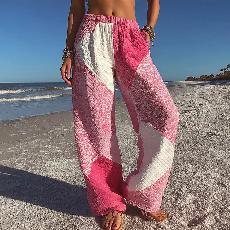 Women's Pink Geometric Patchwork Casual Pants