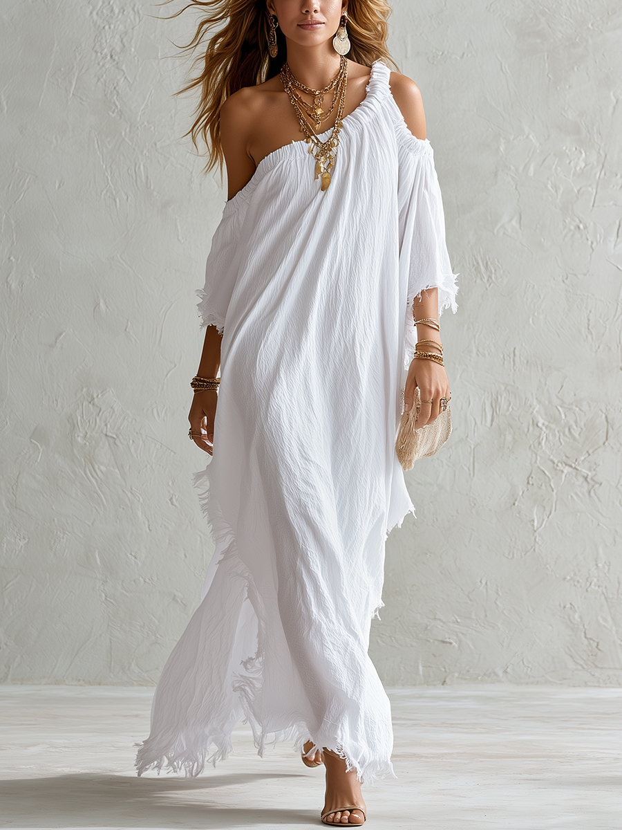 Effortless White One Shoulder Textured Maxi Dress