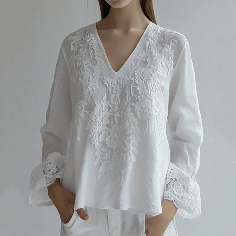 Vintage Floral Lace Embroidered V Neck Comfy Tunic