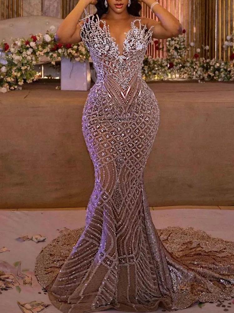 Sexy V-Neck Beaded Decorate See-Through Solid Color Wrap Maxi Dress