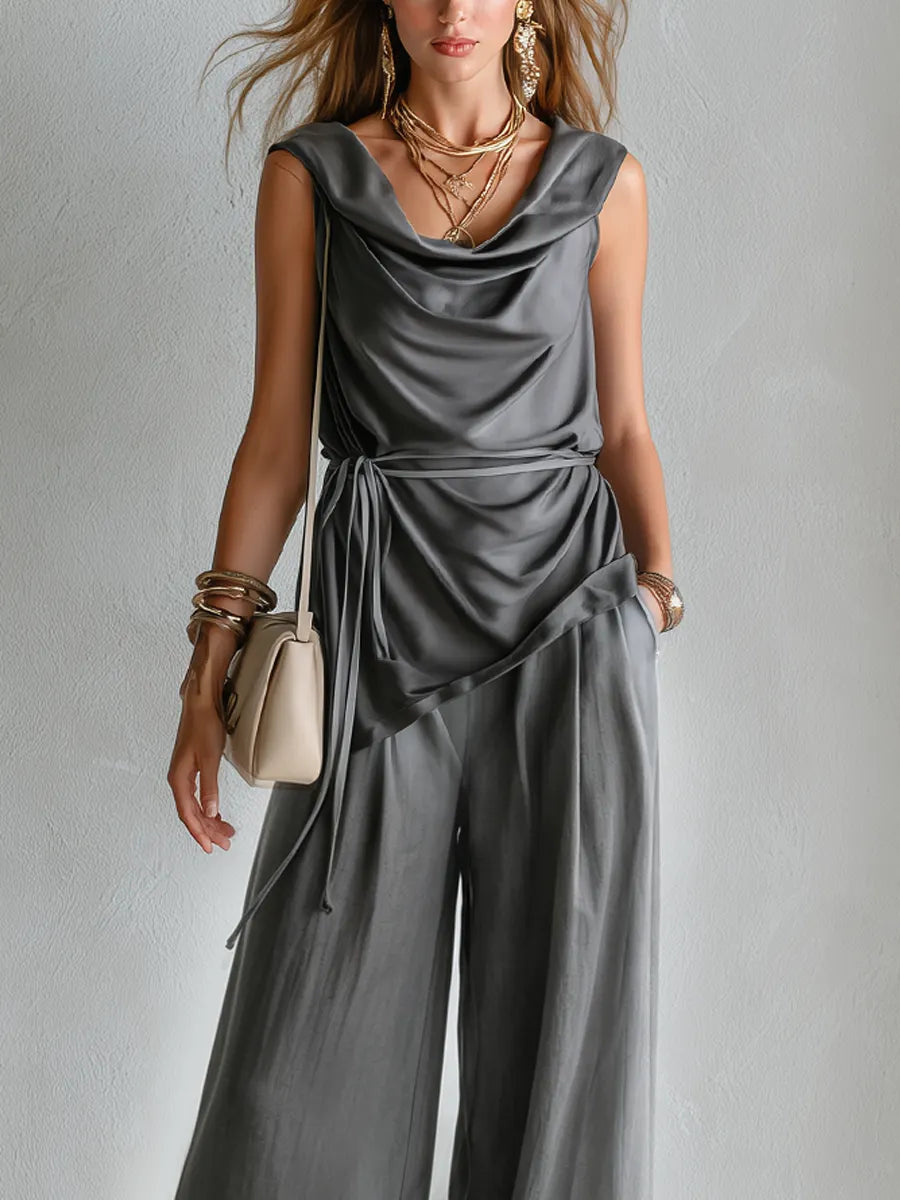 Bohemian Grey Pleated Neck Wide-Leg Trouser Suit