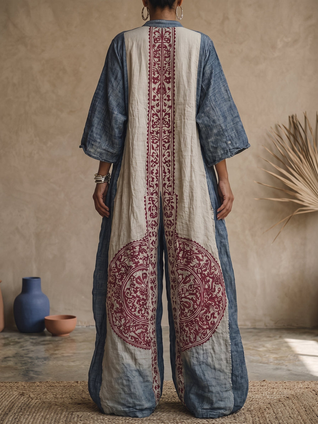 Women's Vintage Print V-neck 3/4-sleeve Cotton-linen Jumpsuit