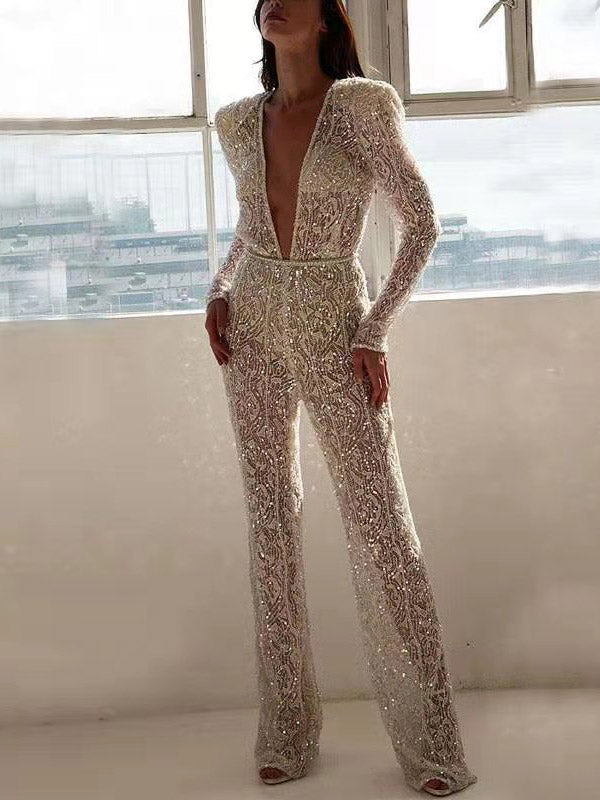 Stylish Crochet H-Line Long Sleeves V-Neck Jumpsuit