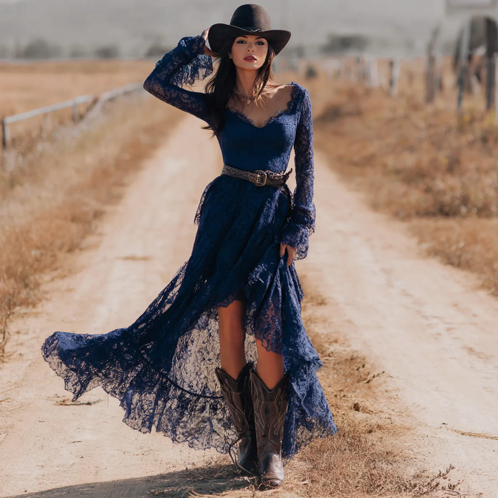 Women's Vintage Elegant Blue Lace Dress
