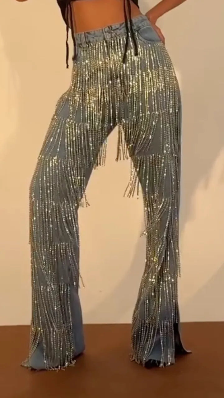 Rhinestone Fringe Flare Jeans