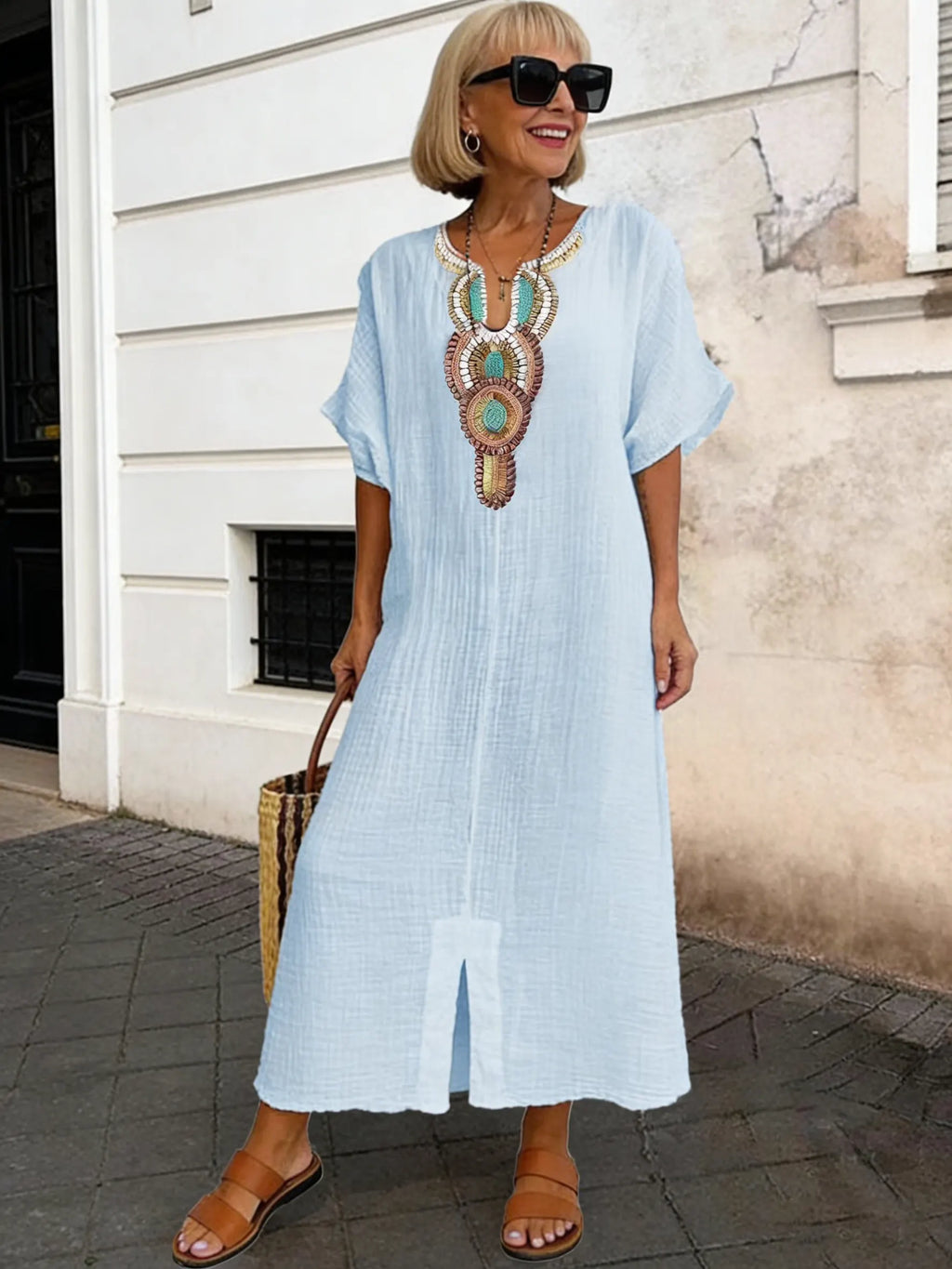 Cotton and Linen Embroidered Split Dress