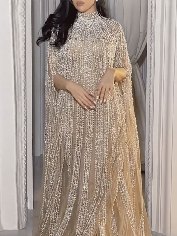 Paneled Shiny Long Sleeves V-neck Maxi Dresses