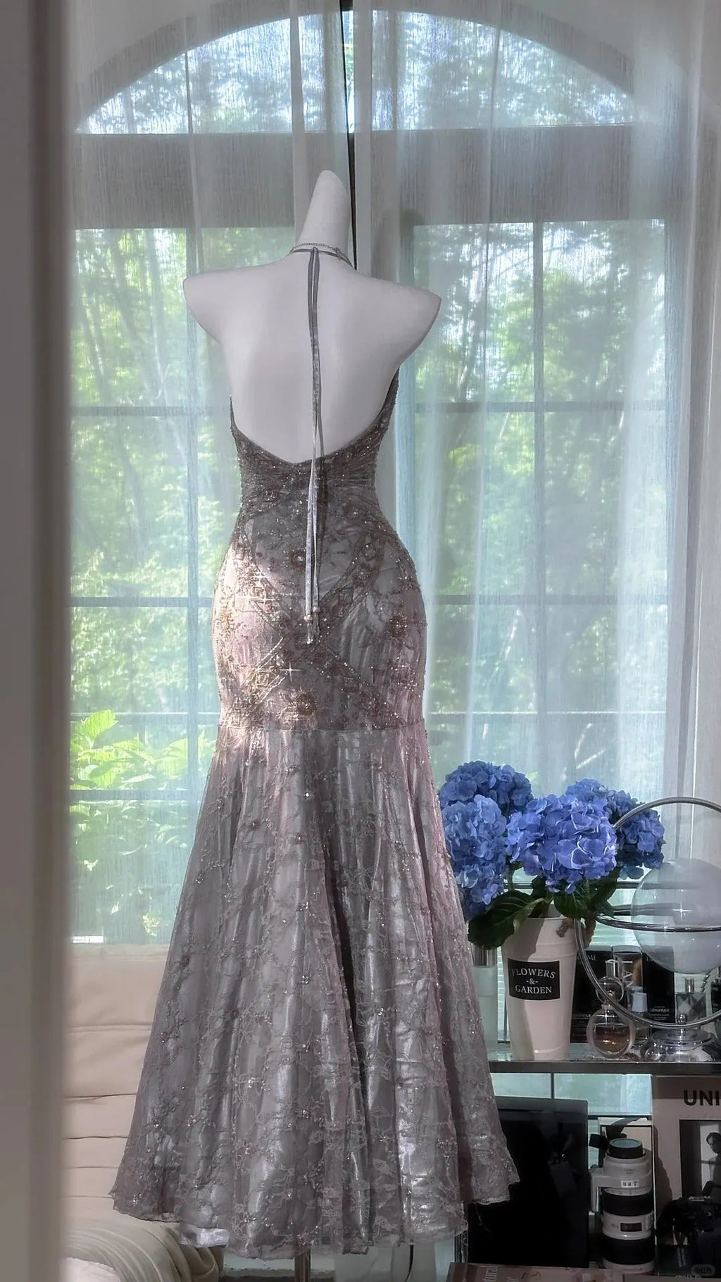 -Silver-gray exquisite beaded long vintage lace fishtail prom dress