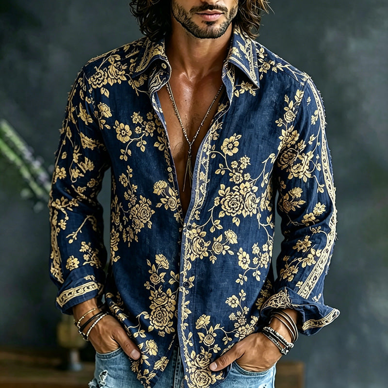 Men's Spring Summer Colorful Floral Embroidered Art Print Flowy Linen Blend Shirt