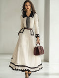 [24-hour shipping out]Fashion Retro Knitted Colorblock Long Sleeve Maxi Dress