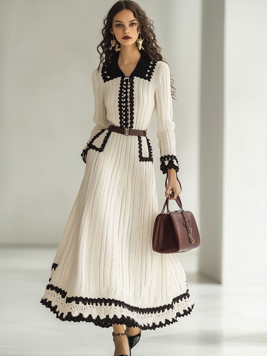 [24-hour shipping out]Fashion Retro Knitted Colorblock Long Sleeve Maxi Dress