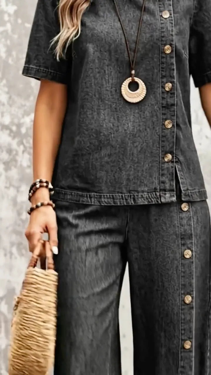 Denim Asymmetrical Button 2 Piece Set