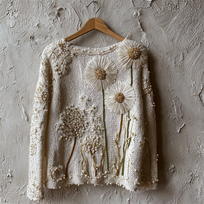 Vintage Forest Dandelion Beaded Embroidered Cozy Knit Sweater