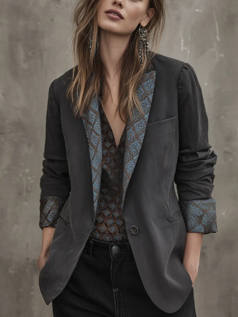 Modern Charcoal Contrast Trim Blazer