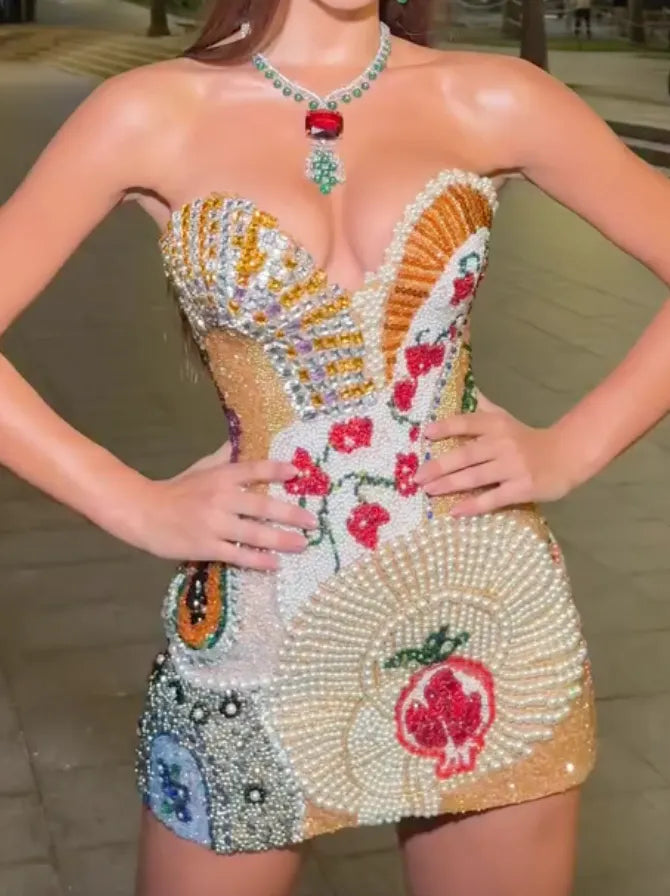 Multi-Color Pearl Beaded 3D Floral Strapless Mini Dress