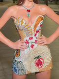 Multi-Color Pearl Beaded 3D Floral Strapless Mini Dress