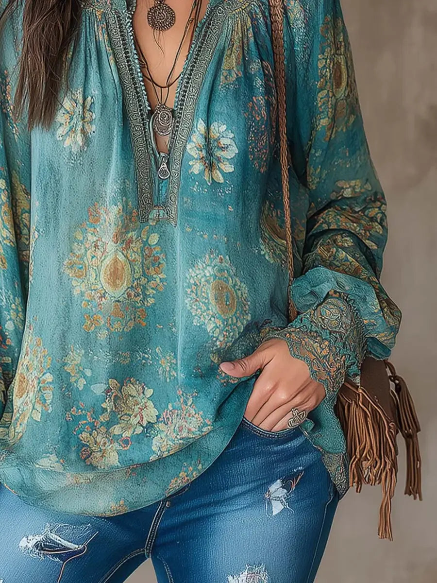 Women's Ethnic Floral Art Print Casual Long Sleeve Cotton Shirt
