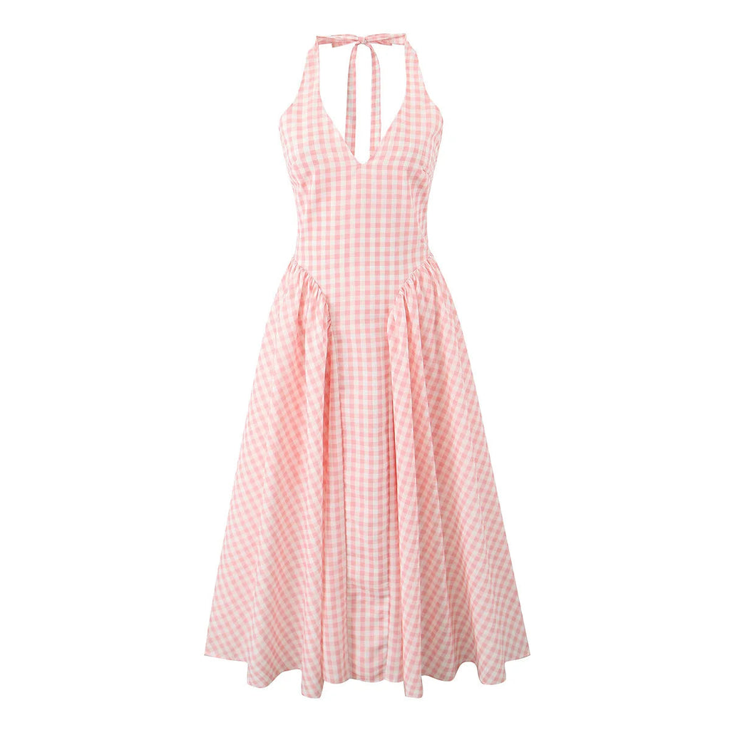 Lilienne Pink Gingham Halter Neck Midi Dress – Summer Picnic Party Dress with Open Back